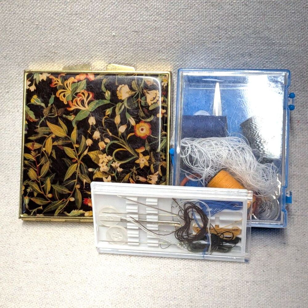 Vintage Sewing Kit Lot Floral Metal Case Needles Thread Buttons Travel Mending